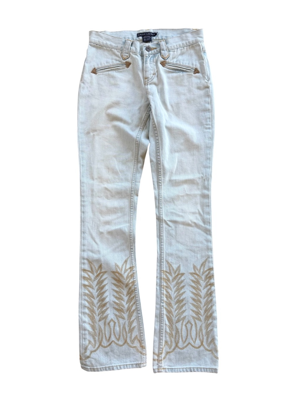 Ralph Lauren Light Wash Denim Flare Jeans with Gold Embroidery